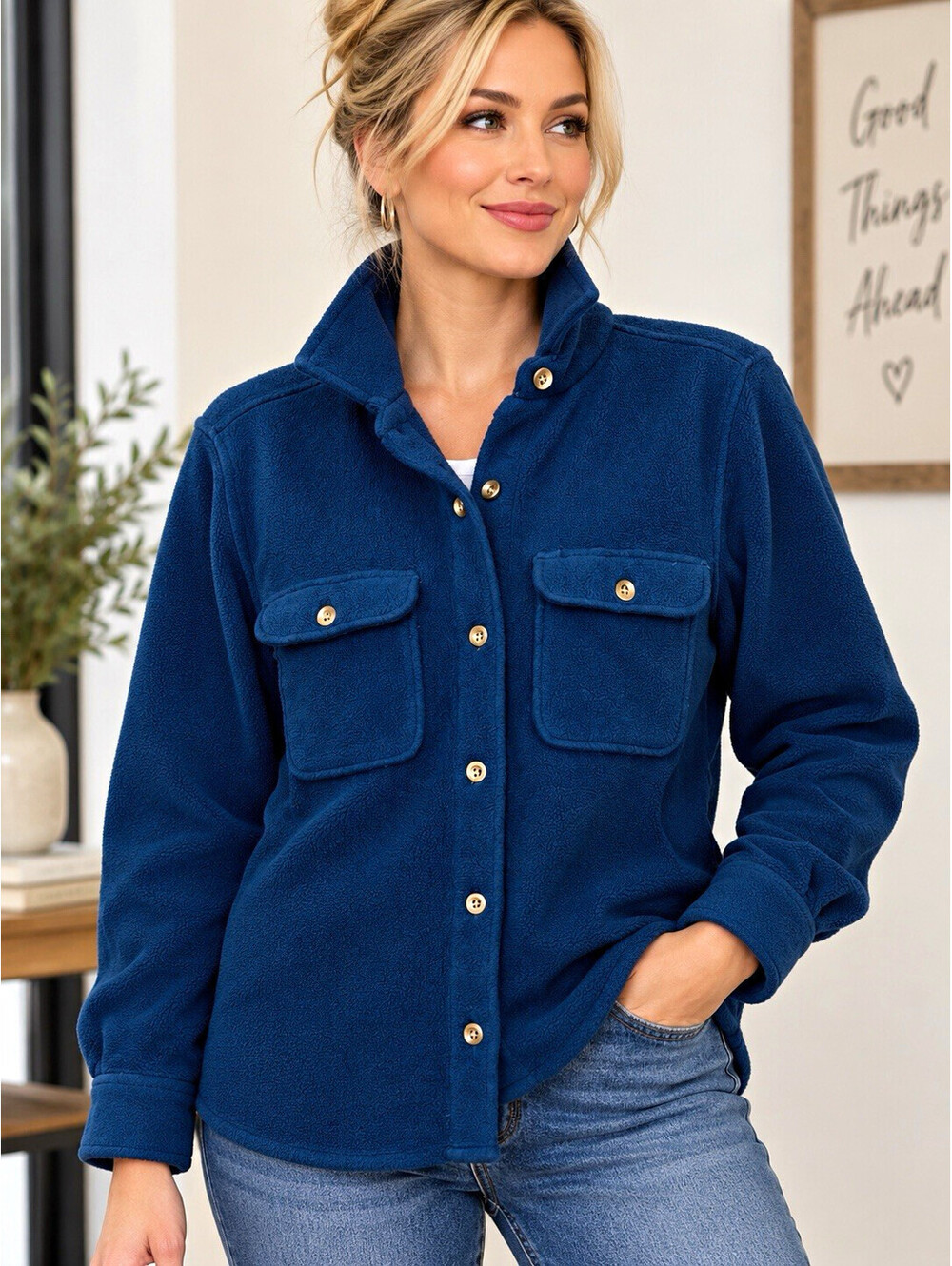 Lands' End Women’s S Blue Fleece Button Front Jacket Collared Pockets Short